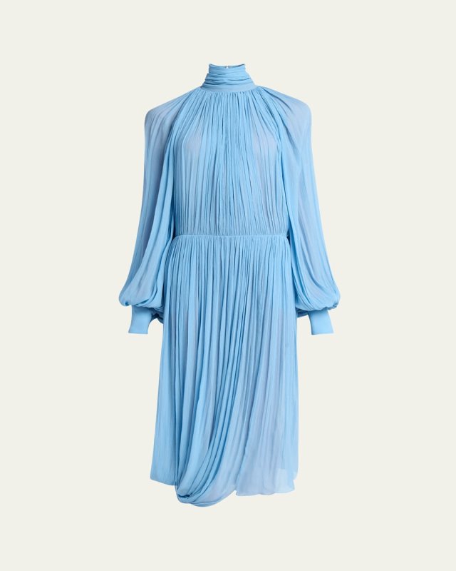 Draped High Neck Silk Midi Dress